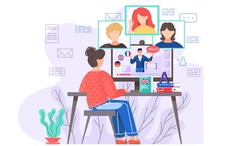 Foreign language learning concept. Group English lessons with a native speaker Stock Illustration