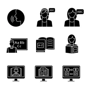 Foreign language learning glyph icons set Stock Illustration