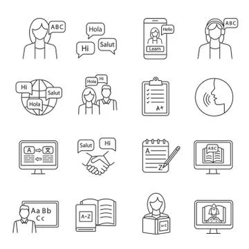 Foreign language learning linear icons set Illustrazione stock
