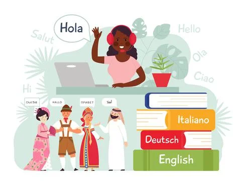 Foreign language learning. Mobile learn, contacts on english german. Friends Stock Illustration