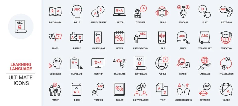 Foreign language learning, school and course, mobile app for phone, tablet line Stock Illustration