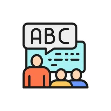 Foreign language lessons, training flat color line icon. Illustrazione stock
