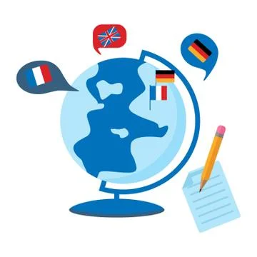 Foreign language online learning. Concept of language courses, exam preparati Stock Illustration