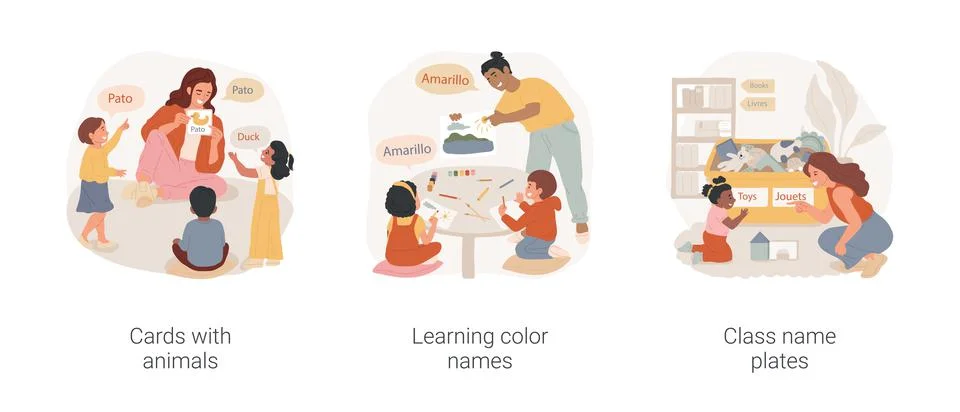 Foreign language study in kindergarten isolated cartoon vector illustration set. Illustrazione stock