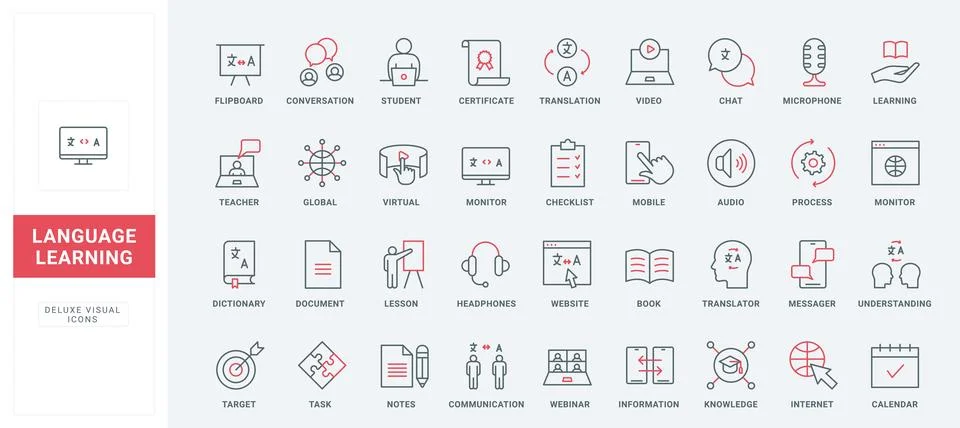 Foreign language study line icons set, online lesson with teacher to learn and 스톡 일러스트