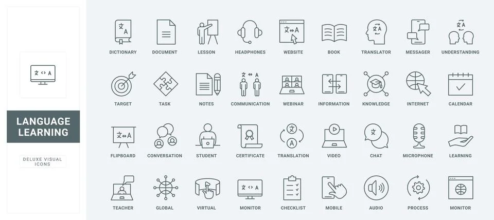 Foreign language study line icons set, online lesson with teacher to learn and Ilustración de archivo