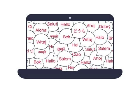 Foreign language teaching. Laptop with bubble text Hello. Technology. Online Stock Illustration