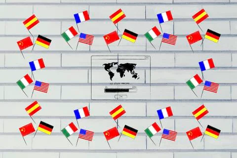 Foreign languages country flags border with Go Study Abroad pop-up message in Stock Illustration