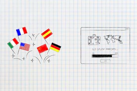 Foreign languages country flags next to Go Study Abroad pop-up message Stock Illustration