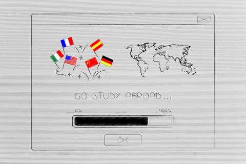 Foreign languages country flags next to world map inside Go Study Abroad pop- Stock Illustration