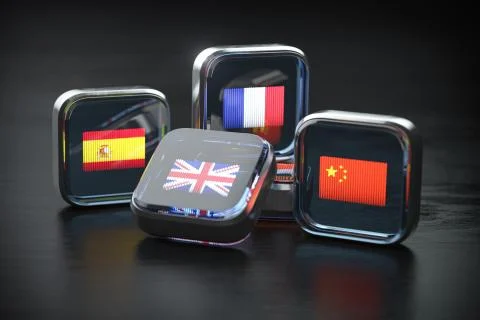 Foreign languages  learning or translation concept. Icon boxes with flags. Le Stock Illustration