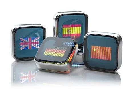 Foreign languages learning or translation concept. Icon boxes with flags i... Stock Photos