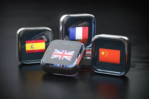 Foreign languages learning or translation concept. Icon boxes with flags. ... Stock Photos