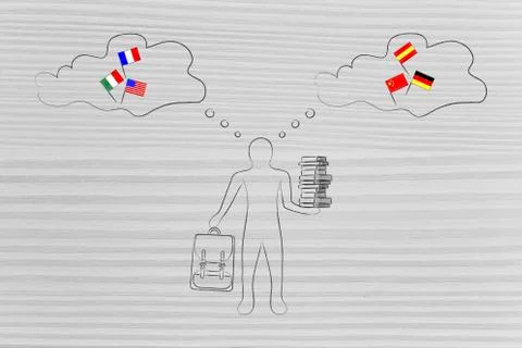 Foreign languages student with country flags in thouhgts bubbles Stock Illustration