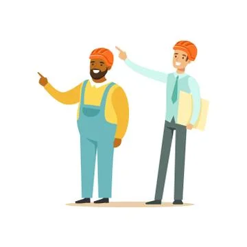 Foreman and architect discussing the building project, colorful characters Ilustración de archivo