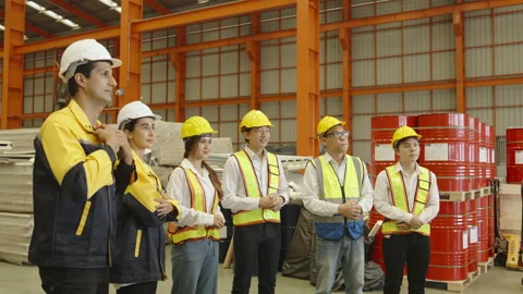 Foreman and group of workers applaud after successfully trained in morning. Stock Footage 237974577