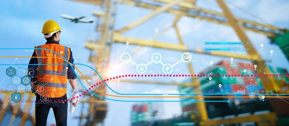 Foreman checking structure and control loading containers box of logistic Fotos de archivo