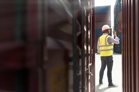 Foreman control loading Containers box Stock Photos