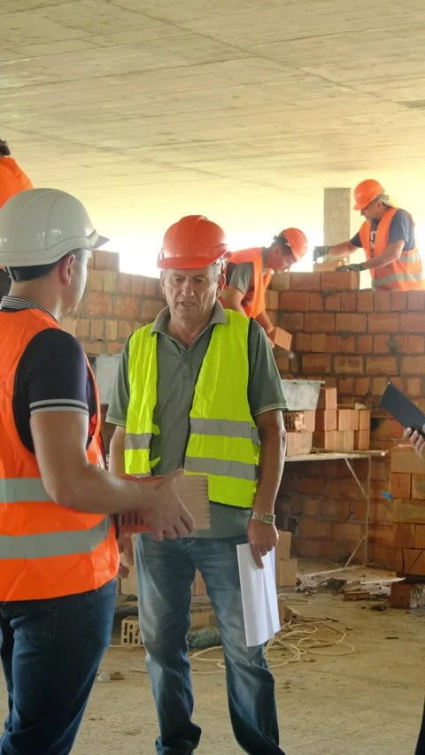 Foreman discusses quality of brick with builder during shift 스톡 동영상 317624945