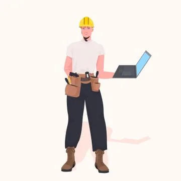 Foreman in helmet using laptop working at construction site repair service Stock Illustration