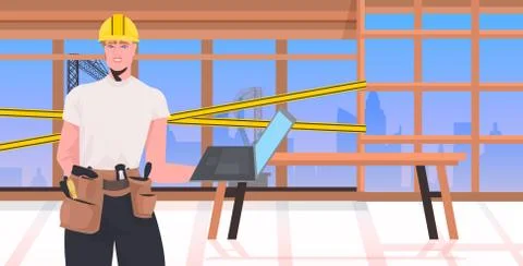 Foreman in helmet using laptop working at construction site repair service Stock Illustration