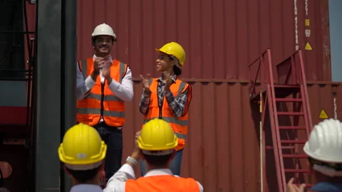 Foreman manager standing on forklift promoting Containers worker woman to suc Stock Footage 159394711