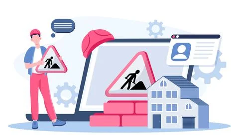 Foreman online concept. Man in hardhat near house and bricks. Construction and Stock Illustration
