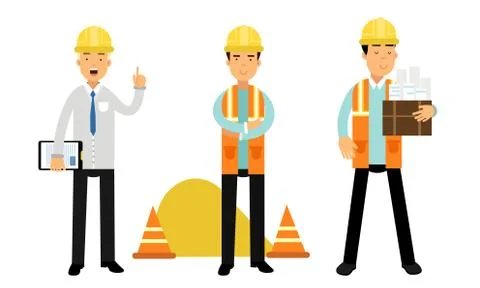 Foreman or Architect in Yellow Hard Hat Holding Draft and Controlling Site Work Illustrazione stock