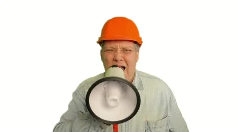 Foreman shouting into megaphone on white background Stock Footage 20488080