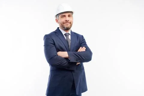 Foreman in a suit looking at the camera on a white background Stock Photos