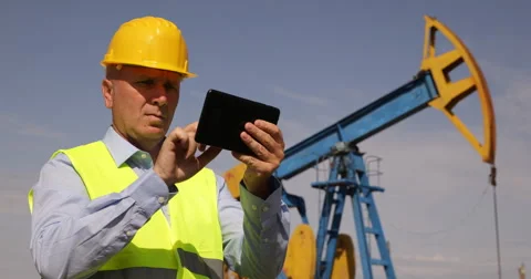 Foreman Use Tablet Planning Maintenance Schedule Extract Oil Pump Installation Stock-Footage 50949555