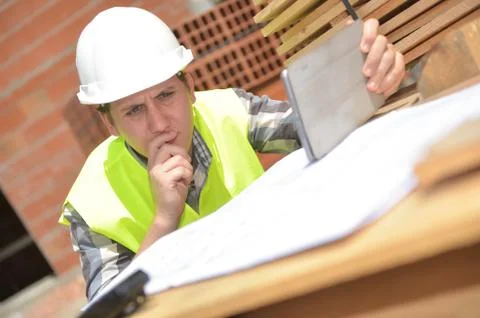 Foreman using digital tablet on construction site Foto stock