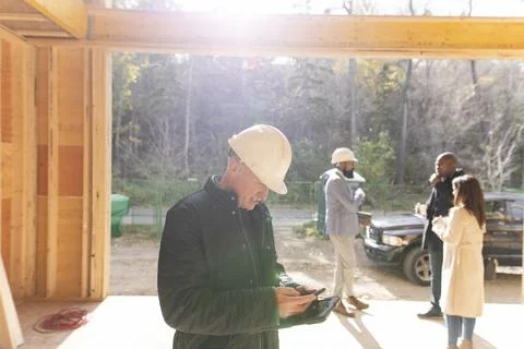 Foreman using smart phone at house under construction Foto stock