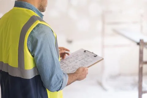 Foreman in vest checking drawing plan of big house holding clipboard in hands Stock Photos