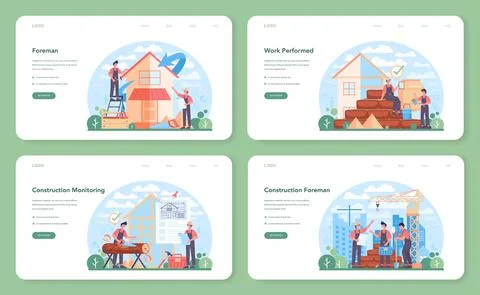 Foreman web banner or landing page set. Main engineer leading at construction Stock Illustration