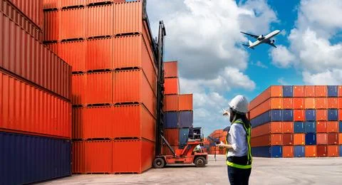 Foreman Woman control loading Containers box Stock Photos