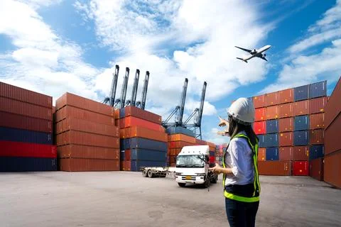 Foreman Woman control loading Containers box Stock Photos