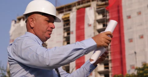 Foreman Worker Man Look Construction Project Architecture Blueprint Paper Plan Stock Footage 55015806