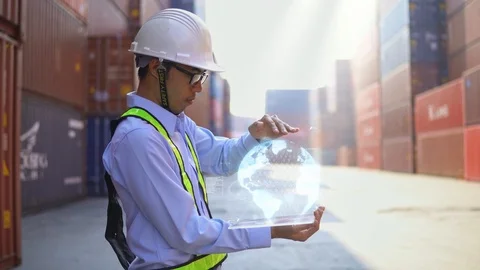 Foreman Working with Futuristic Technological Stock Footage 103443936