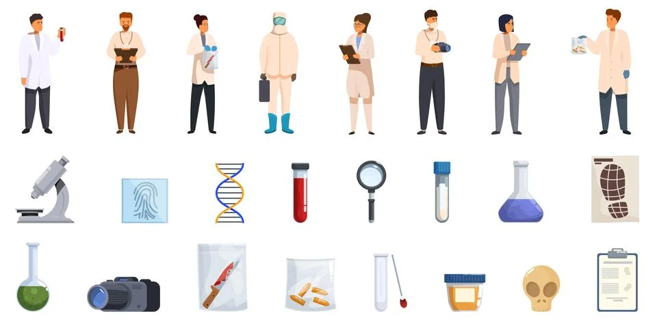 Forensic analysis icons set. Forensic science team investigating crime scen.. Illustrazione stock