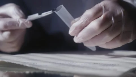 A forensic detective's hands take a sample of paper or ink with a scalpel Stock Footage 267205182