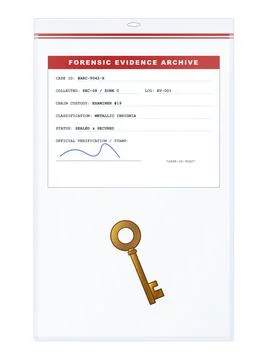 Forensic evidence bag containing a golden vintage key archive label Stock Illustration