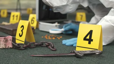Forensic expert hard working at ritualistic crime scene with occult clues. Video stock 286754232