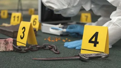 Forensic expert hard working at ritualistic crime scene with occult clues. Stock Photos