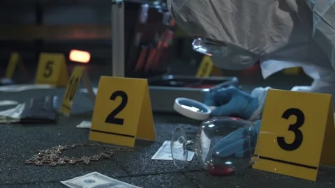 Forensic expert working at crime scene of failed robbery of wealthy apartment. Stock Footage 286753144