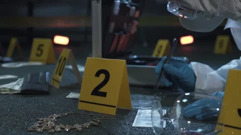 Forensic expert working at crime scene of failed robbery of wealthy apartment. Stock Footage 286754285