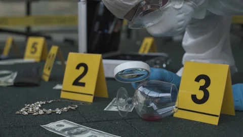 Forensic expert working at crime scene of failed robbery of wealthy apartment.  Stock Footage 286758287