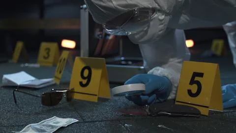 Forensic expert working at crime scene of drug dealer murder. Many evidence tags Stock Photos