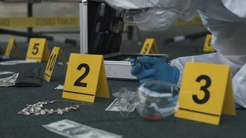 Forensic expert working at crime scene of failed robbery of wealthy apartment. Stock Photos