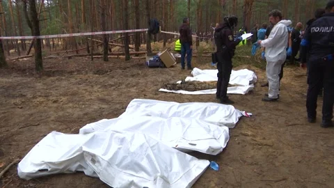 Forensic experts are working during the exhumation of the bodies of those killed Stock Footage 211938297
